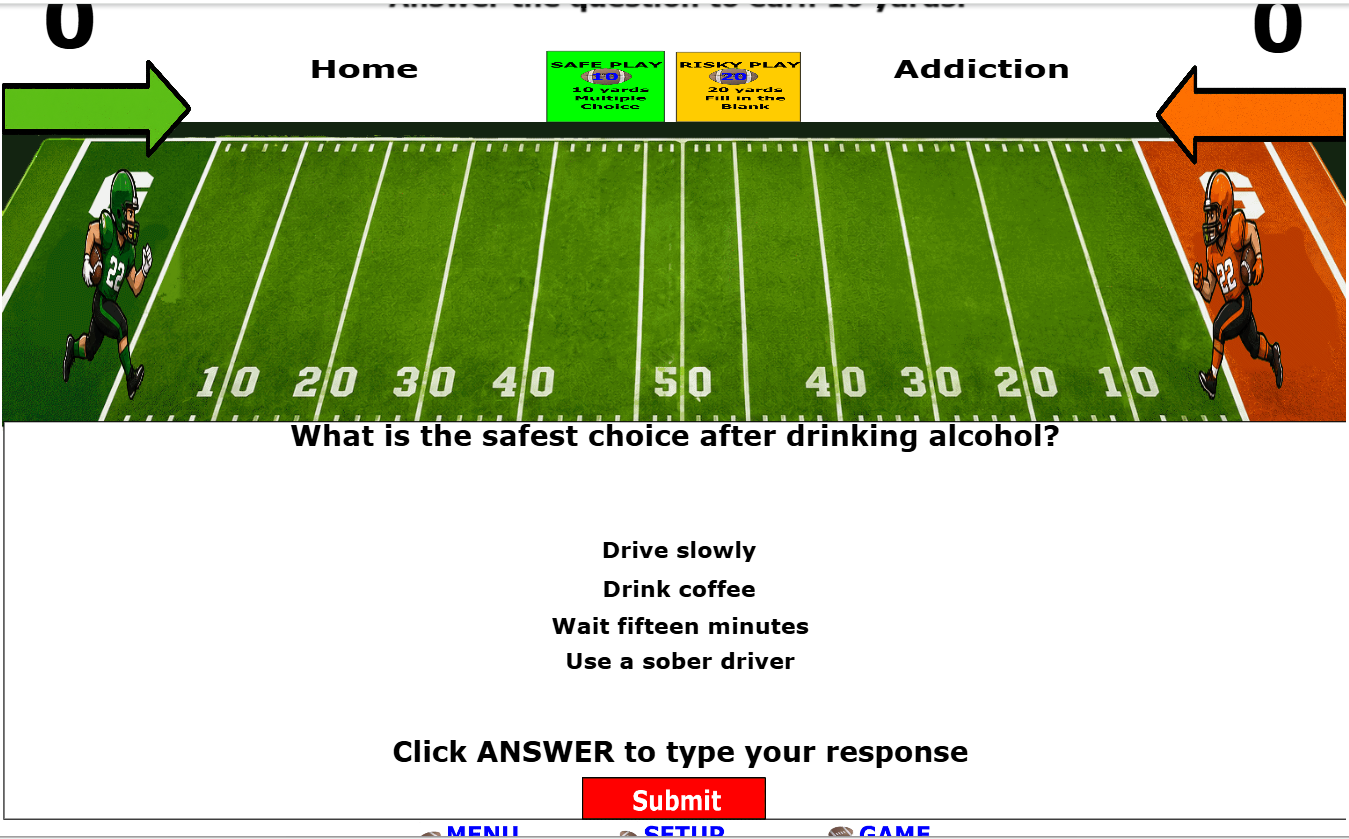 A football field game board with two teams at opposite end zones, a question below the field, and Safe Play and Risky Play buttons above it.