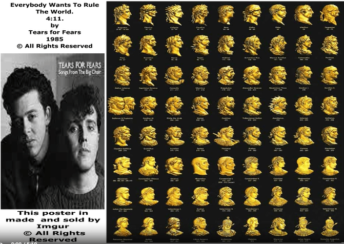Poster pairing the Tears for Fears Songs From the Big Chair cover with gold coin portraits of Roman emperors