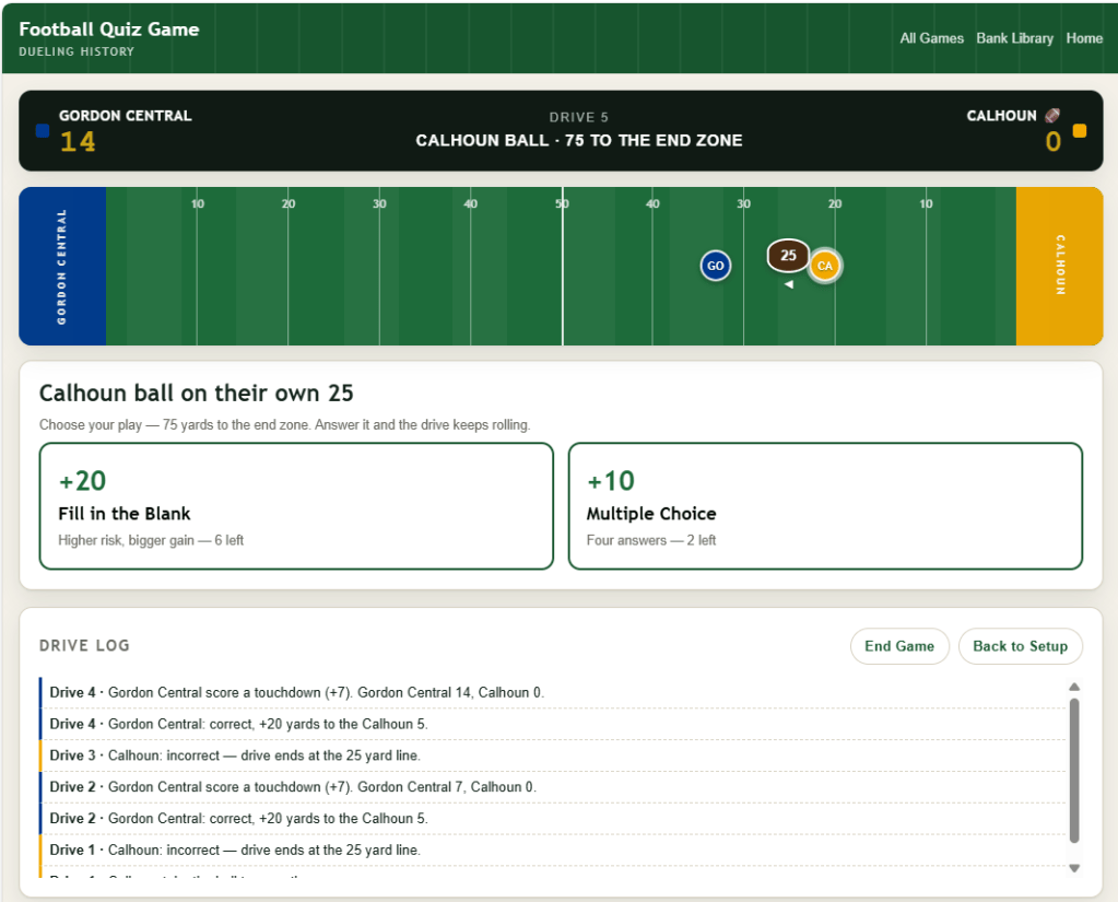 Football Quiz Game screen showing Gordon Central 14, Calhoun 0, with the ball on Calhoun's own 25 and a choice between a 20-yard fill-in-the-blank and a 10-yard multiple choice question