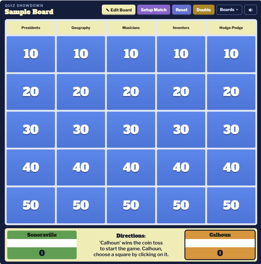 Quiz Showdown game board with Presidents, Geography, Musicians, Inventors and Hodge-Podge categories, Sonoraville vs. Calhoun