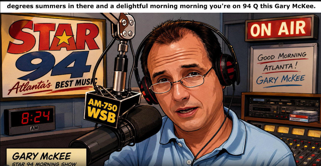 Gary McKee on the air at his Atlanta morning show microphone, headphones on, ON AIR sign lit.