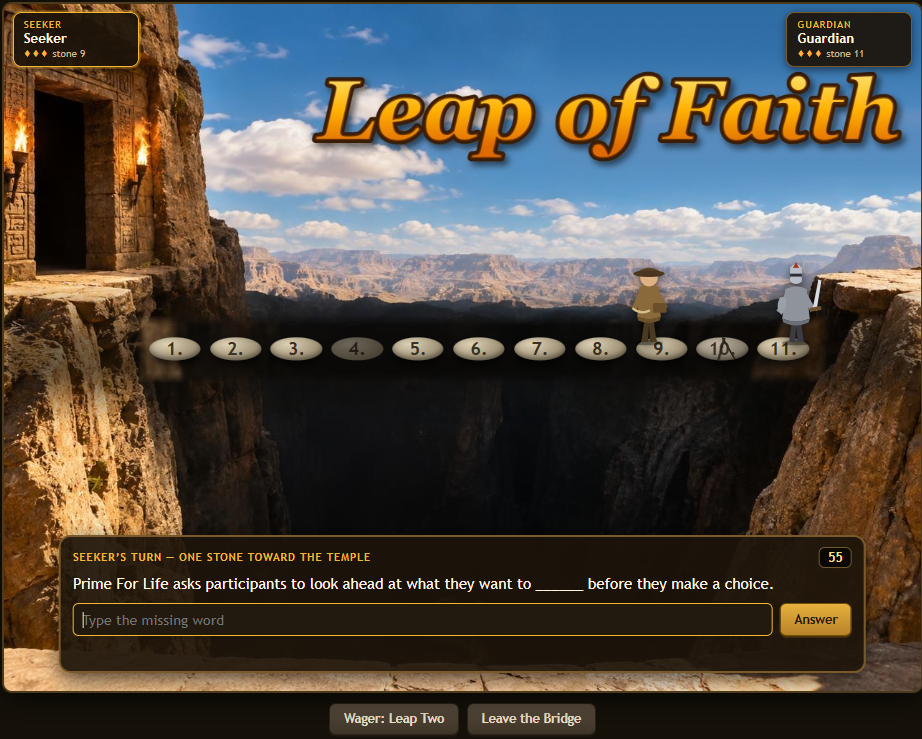 The Leap of Faith, 2026: a painted canyon with eleven stones, the Seeker on stone 9, the Guardian knight on stone 11, and a fill-in-the-blank question at the bottom