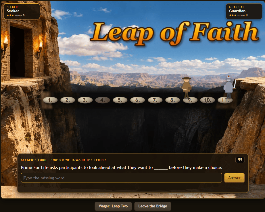 The Leap of Faith, 2026: a painted canyon with eleven stones, the Seeker on stone 9, the Guardian knight on stone 11, and a fill-in-the-blank question at the bottom