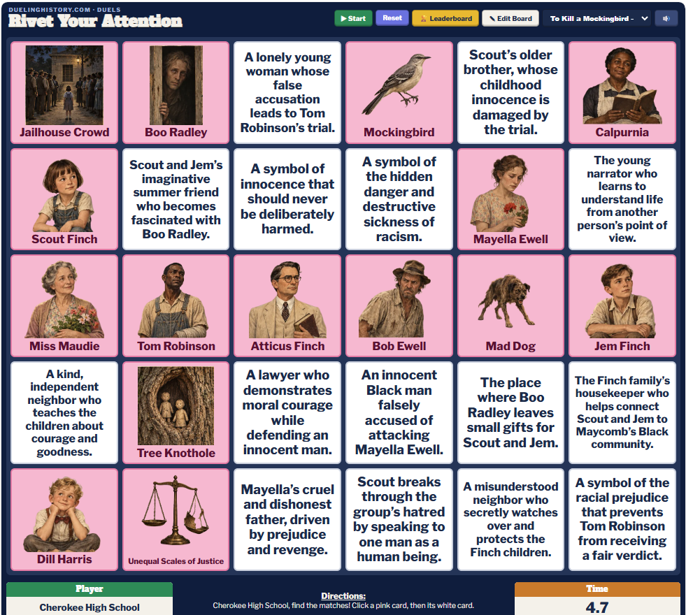 The Rivet Your Attention board for To Kill a Mockingbird