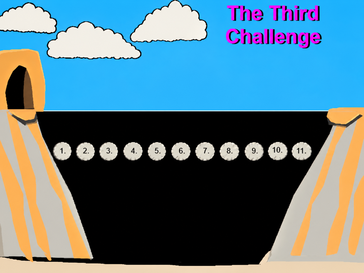 The Third Challenge, 1999: eleven numbered stones across a black chasm to a doorway in an orange cliff, title in pink letters