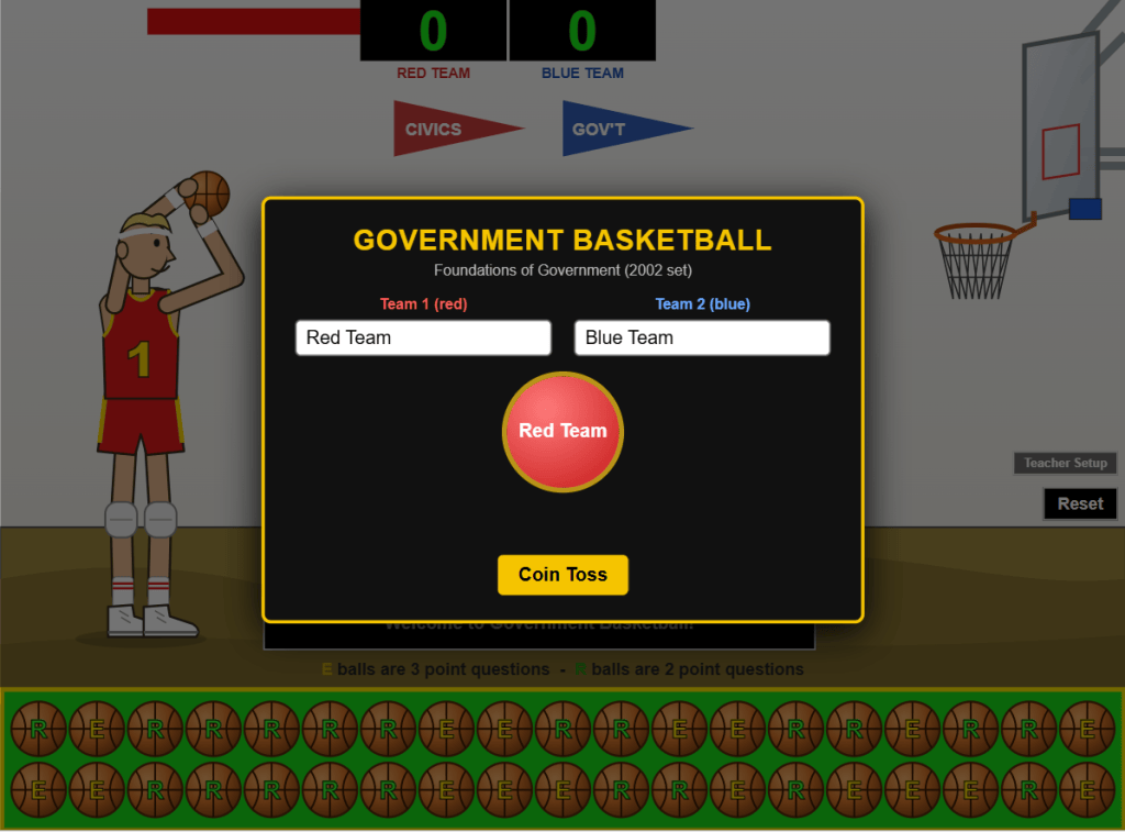 Basketball Review Game: a player lines up a shot at the hoop, with a red-and-blue team scoreboard and two rows of R and E basketballs below