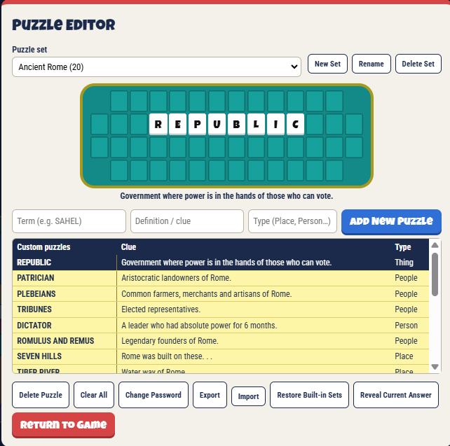 The History Wheel Puzzle Editor, showing the Ancient Rome set with terms, clues, and types