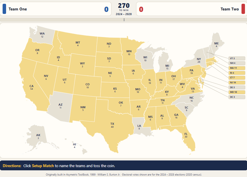 The 2024–2028 electoral map: California 54, Texas 40, Florida 30, New York 28