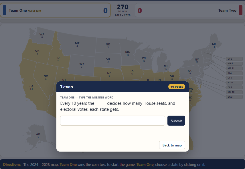 Texas question card: Every 10 years the blank decides how many House seats, and electoral votes, each state gets