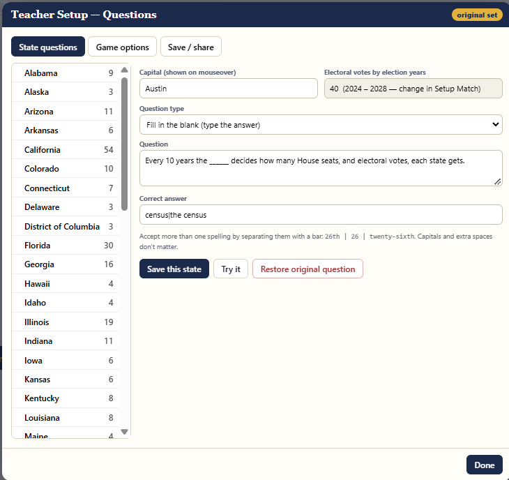 Teacher Setup screen: a state list on the left; capital, question type, question and correct answer fields on the right