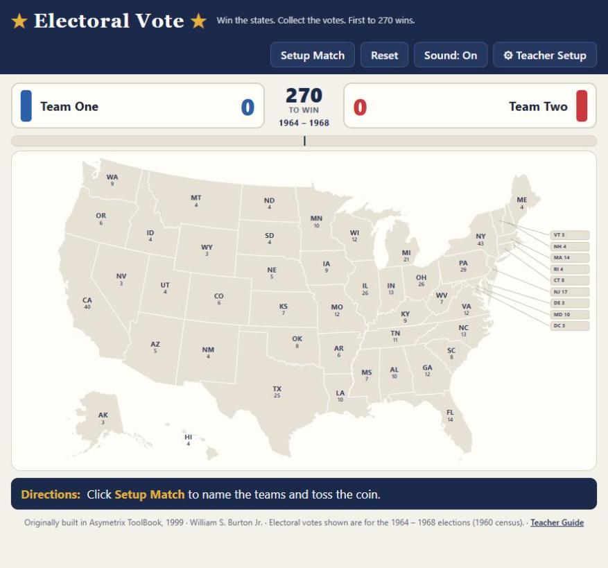 The Electoral Vote game board: a map of the United States with each state's electoral votes, Team One and Team Two scoreboards, and 270 to win