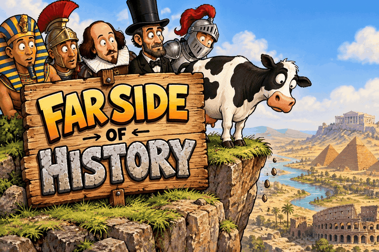 Far Side of History: a pharaoh, a Roman soldier, Shakespeare, Lincoln and a knight peer over a sign on a cliff while a cow stares over the edge at the pyramids, Parthenon and Colosseum