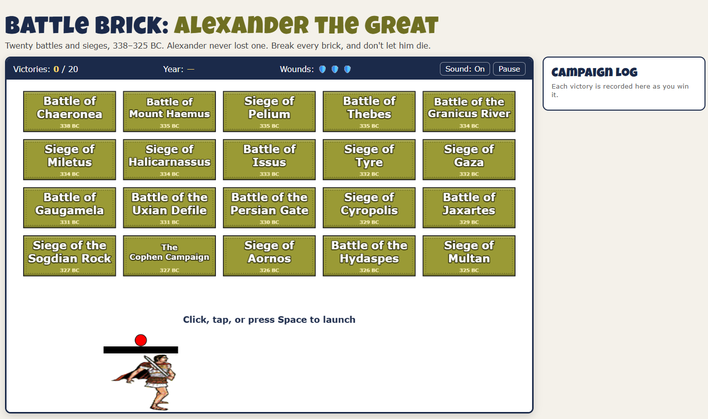 Battle Brick: Alexander the Great — a wall of twenty bricks, each one a battle or siege from Chaeronea to Multan