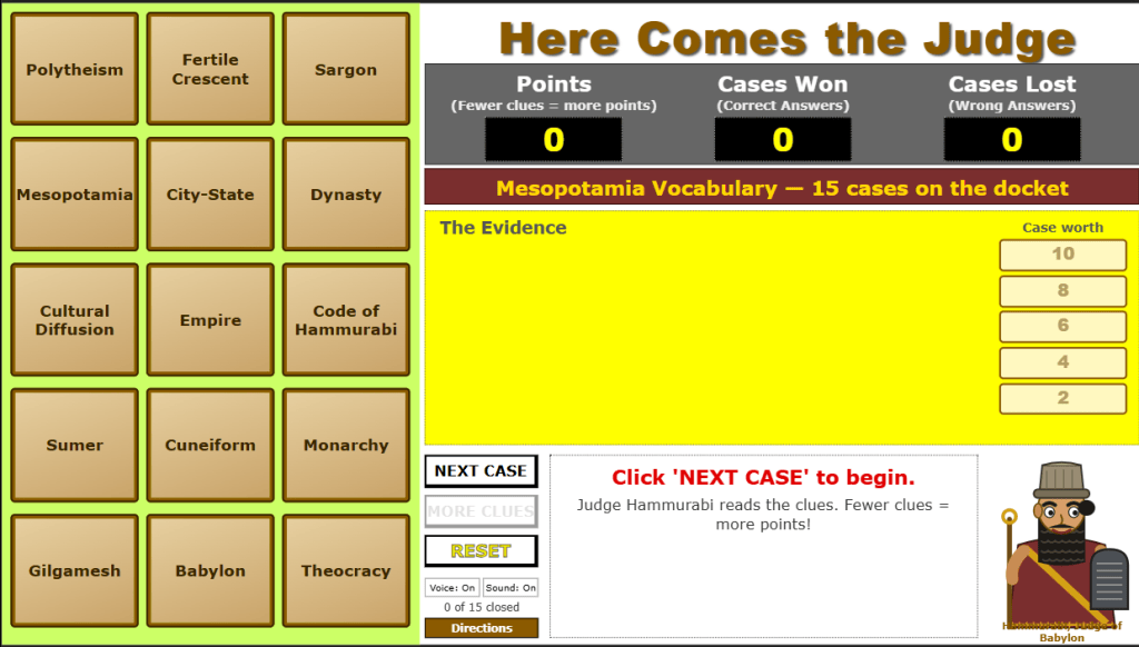 Here Comes the Judge game board with Judge Hammurabi and 15 Mesopotamia vocabulary terms