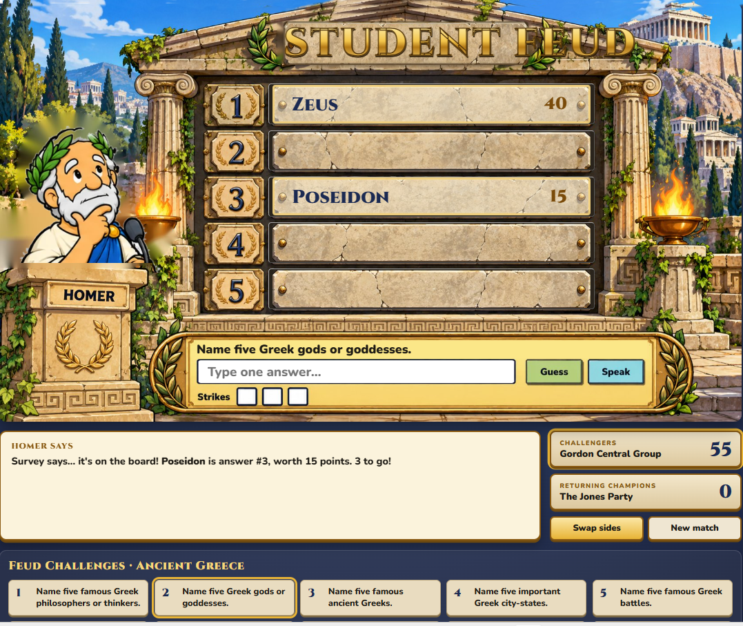 Student Feud game board with Homer as host and Zeus and Poseidon revealed