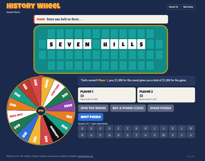 History Wheel game board showing the solved Ancient Rome puzzle SEVEN HILLS, with the spinning wheel and two player scores