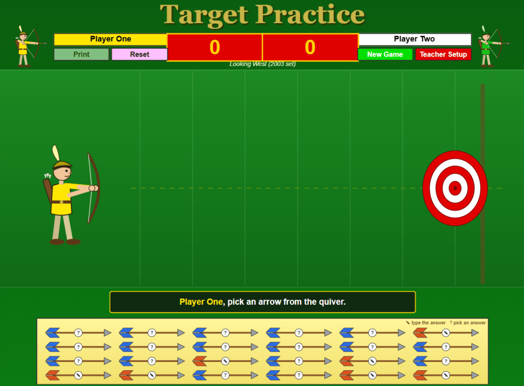Target Practice game: a yellow archer faces a red-and-white target, with a quiver of 24 question arrows below and a two-player scoreboard above