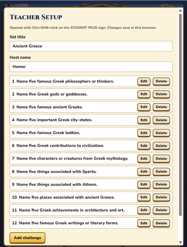 Student Feud Teacher Setup panel listing twelve Ancient Greece challenges