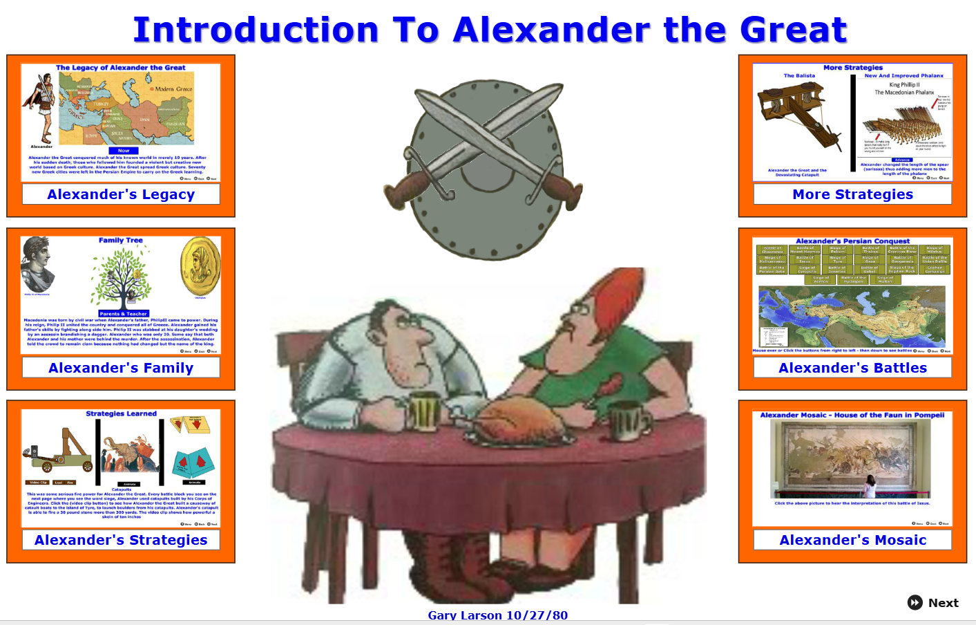 Introduction to Alexander the Great menu — Legacy, Family, Strategies, More Strategies, Battles, and Mosaic